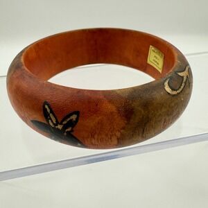 Vintage Floral Wood Bangle Bracelet Boho Chic Philippines Painted Carved‎